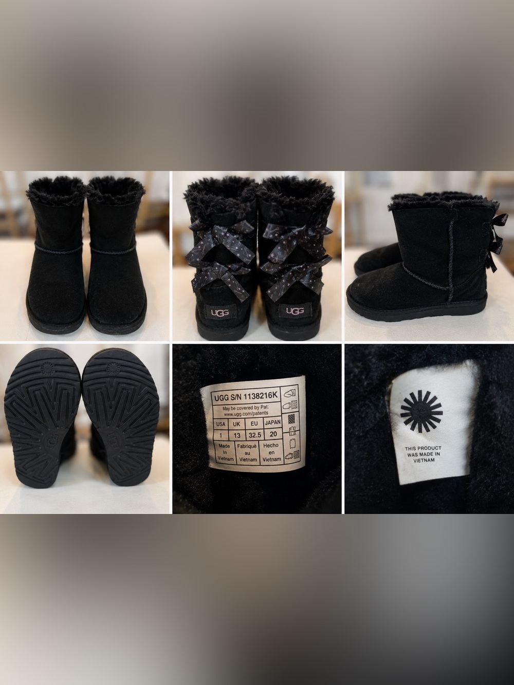 UGG Kids Black Suede Bow-Back Boots with Star-Print Ribbons